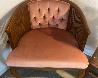 Sweet retro chair with cane accents & pink velvet upholstery