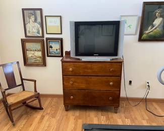 Antique dresser, rocking chair, Tv, paintings
