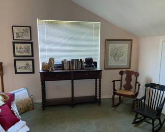 credenza, console, twisted legs, antique small wood rocking chair, dog sculpture, elephant collectibles