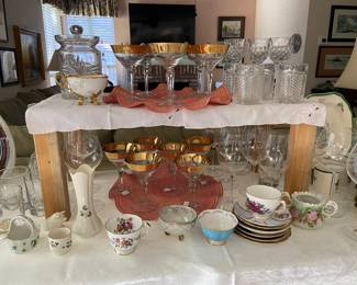 English and Irish fine porcelain, martini, champagne glasses with gold rim