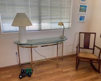 Console, Credenza, rocking chair, gym equipement, vintage side lamps