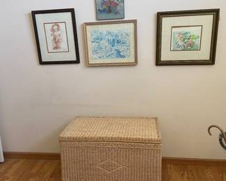 Rattan trunk, artwork, lithographs, painting