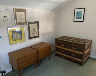 Scandinavian Mid Century wood night stands, artwork - cats, antique wood trunk