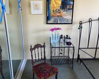 antique embroidered small chair, artwork