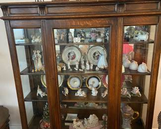 China wood cabinet, curio, Lladro collectibles, elephants collectibles