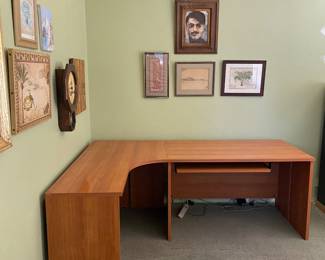 Scandinavian - Danish - Vintage Corner Wood desk - paintings, artwork, clock