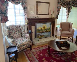 antique and vintage coffee tables, armchairs, side tables,mirrors, drapery