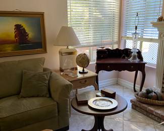 Side tables, antique wood desk, side lamps