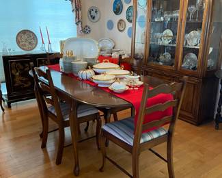 7 pieces antique dining set. 2 leaves, dropping ends, Hartley curio, buffet, china cabinet