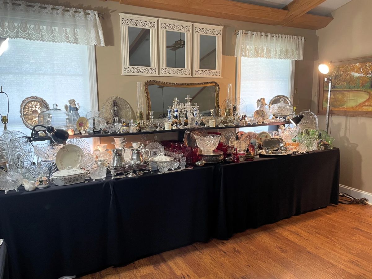 ALADDIN LAMPS, CRYSTAL, STAR OF DAVID, GREEN DEPRESSION, KINGS CROWN SILVER PLATE SERVING PIECES