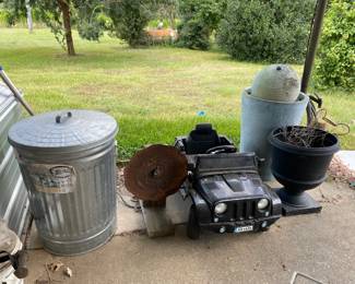 GALVANIZED TRASH CAN TOY CAR FOUNTAIN AND FLOWER POT