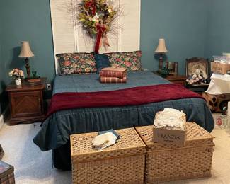 QUEEN FRAME AND MATRESS, NIGHT/ END TABLES AND SHUTTERS USED AT BED HEADBOARD