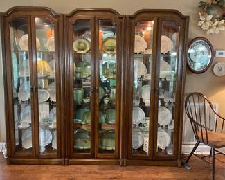 3 LIGHTED DOUBLE DOOR BEVELED GLASS CURIOS