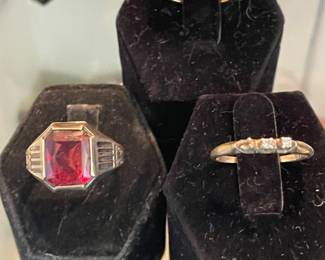 14K GOLD BAND, 10K MENS RING WITH RED STONEM 14K LADIES DIAMOND RING