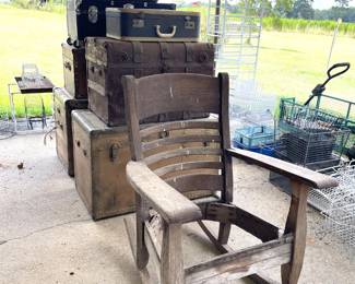 VINTAGE TRUNKS AND WOOD ROCKER