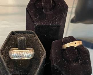 STERLING AND GOLD BAND 10K ENGRAVED RING MISSING STONE, 14K RING WITH CLEAR STONE