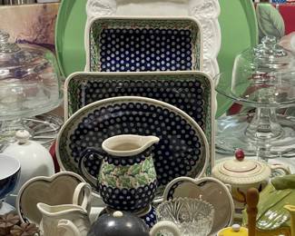 CANISTER SET BOLESLAWIEC POLAND POTTERY BLUE HOLLY BERRY, BAUSCHER WEIDEN PORCELAIN TEAPOT, CREAMER & SUGAR 