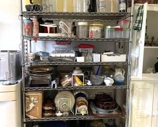 MISC KITCHEN WARE THIS SHELF WILL BE FOR SALE HOWEVER WE REALLY WOULD LIKE YOU TO NOT PICK UP UNTIL SATURDAY I AM SURE YOU UNDERSTAND WHY 