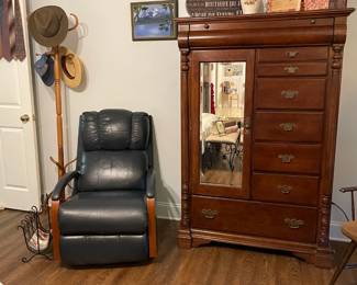 TALL ARMOIRE AND LEATHER SWIVEL ROCKER 