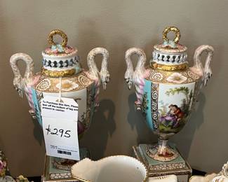 Pair of Royal Bonn Covered Urns with Swan Necks