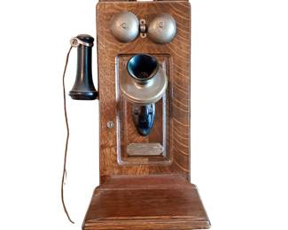 ANTIQUE MONTGOMERY WARD DIAMOND WALL TELEPHONE - HAND CRANK - OAK WOOD