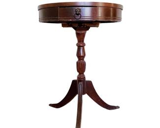 TRUE VINTAGE ROUND SIDE PEDESTAL TABLE - BRASS PAW FOOT - SINGLE DRAWER - LION HEAD PULL