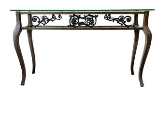 GLASS TOP WROUGHT IRON-LOOK ALUMINUM BASE CONSOLE TABLE - ENTRY - HALLWAY