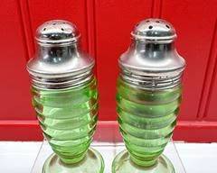 Vintage Hazel Atlas Ribbed Uranium Glass Salt and Pepper Shakers