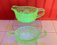 Vintage Uranium Glass Sugar Bowl and Cream Pitcher