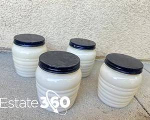Antique Rippled Cream Jars with Black Screw Top Lids 