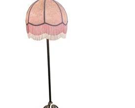Vintage Metal Floor Lamp with Embroidered Silk Shade with Fringe