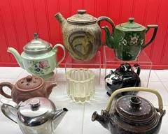 Collection of Vintage Ceramic and Metal Tea Kettles 
