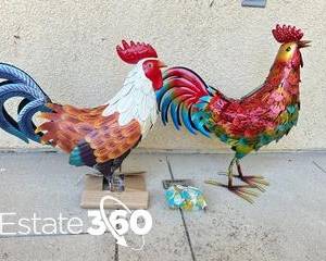 Colorful Metal Chicken Garden Sculptures and Nautical String Lights