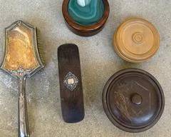 Vintage Silver Mirror and Brush, Stone and Wood Trinket Boxes