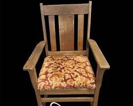 Oversized Antique Oak Rocking Chair with Floral Upholstered Seat