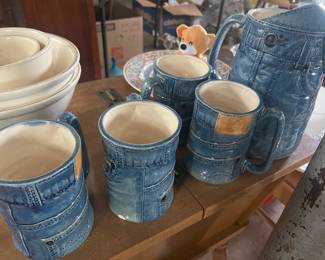 5 pc denim style mugs pitcher