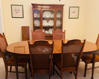Beautiful Mid  Century Dining Table with (6) Matching High Back Cane Chairs along with Matching China Cabinet