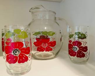 Vintage Hibiscus Balloon Pitcher & Tumblers