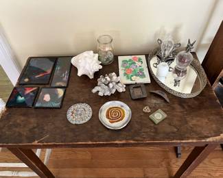 Assorted items on a wooden work table