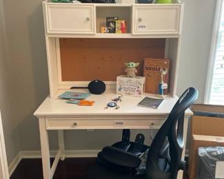 Cafekid White Desk with Hutch, Staples Carder Ergonomic Chair, Asics Gel Venture Running Shoes