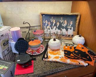 Halloween waffle maker, Pottery Barn Barbara Eigen Pumpkins, Halloween Hot Pads, Towel, & Table Runner, Corkcicle 16oz Mug, Waiter Wicker Tray, Certified International Bowl Set
