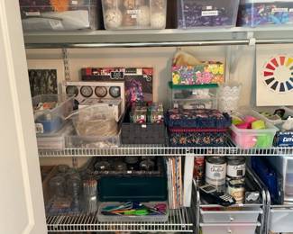Various Craft Supplies (including ribbons, bows, decor balls, floral stems, tissue paper, crafting scissors, mason jars, wrapping paper, colored pencils, crayons, and markers)