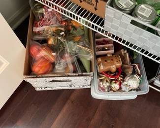 Various Craft Supplies (including ribbons, bows, decor balls, floral stems, tissue paper, crafting scissors, mason jars, wrapping paper, colored pencils, crayons, and markers)
