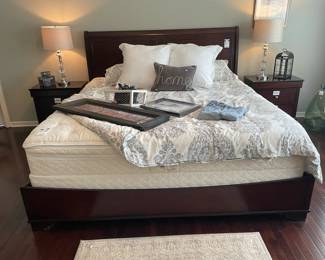 King bed frame, Crystal Table Lamp (B), Candle Holders, Costco Dressers and Side Table, Sleep Number 7000 Cal King Bed, Pottery Barn Duvet Cover and Pillow Cases