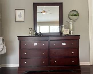 Costco Dressers and Side Table with mirror,  Wall Art, Wrought Iron Pair Candleholders