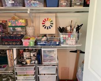 Various Craft Supplies (including ribbons, bows, decor balls, floral stems, tissue paper, crafting scissors, mason jars, wrapping paper, colored pencils, crayons, and markers)