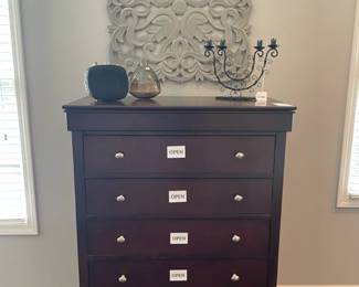 Wall Art, Wrought Iron Candelabra, Vases, purse, Costco dresser