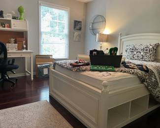 Cafekid White Desk with Hutch, Staples Carder Ergonomic Chair, Asics Gel Venture Running Shoes, Nightstand, Metal Round Wall Shelf, Cafe Kid Bed Frame