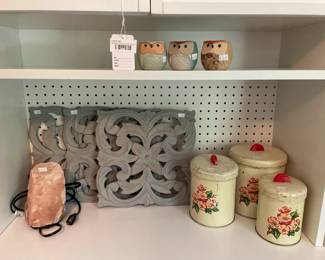 Owl Planters, Salt Lamp, Vintage Tin Metal Canister Set