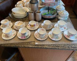 Tea Cups and Saucers Including Brands such as Eaton Crown, Crownford, Hammersley, Colclough, Bell, Royal Dover, and Duchess